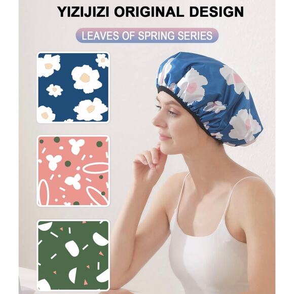 NWT Blue Floral Terry Lined Triple Layer Extra Large Reusable Shower Cap OS - Picture 6 of 7